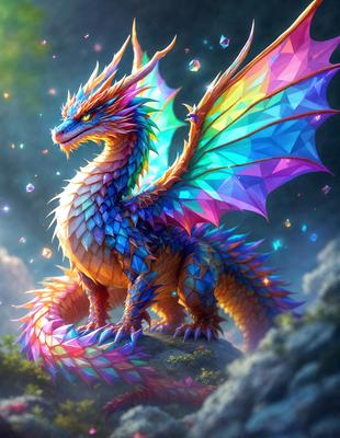 The primary subject of the image is a colorful dragon, which is the main focus of the scene. The dragon is standing on a rock, surrounded by a vibrant and lively environment. The visual style of the image is digital art, as it appears to be a computer-generated or digitally painted illustration. The dominant colors in the image are blue, orange, and purple, creating a vivid and energetic atmosphere.
